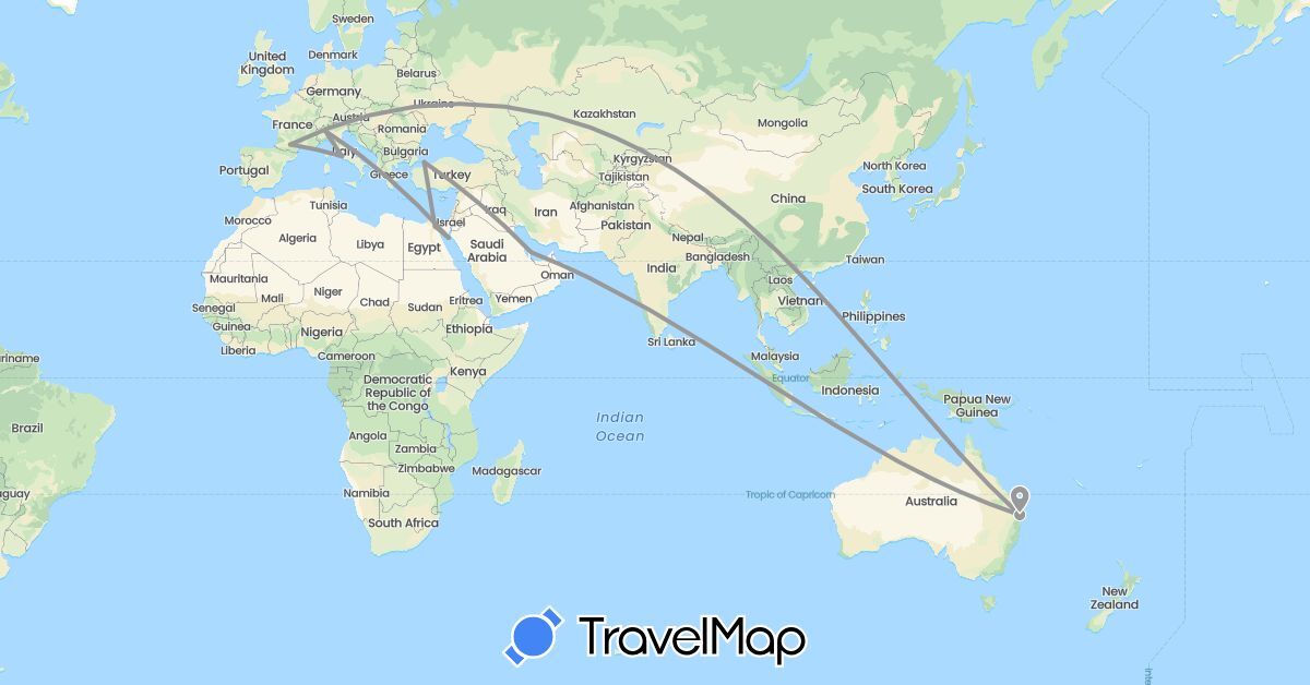 TravelMap itinerary: driving, plane in Australia, Egypt, France, Italy, Qatar, Turkey (Africa, Asia, Europe, Oceania)